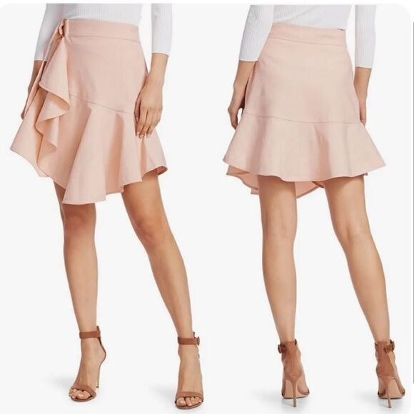 NEW ALC Amalie Linen-Denim Mini Wrap Skirt in Buttercup Pale Pink Size 0 - Picture 1 of 13